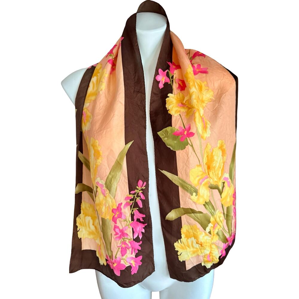 Vintage Oscar De La Renta Silk Scarf 11x51 Orchid Floral Pink Brown 1990s - Picture 3 of 8